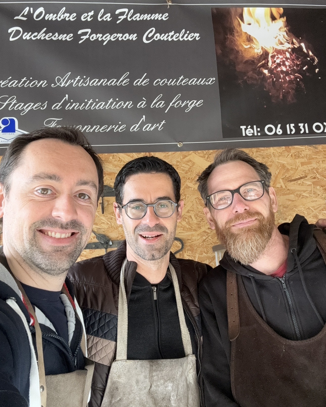 W. H. Lornell, his creative partner, and blacksmith Arnaud at the workshop