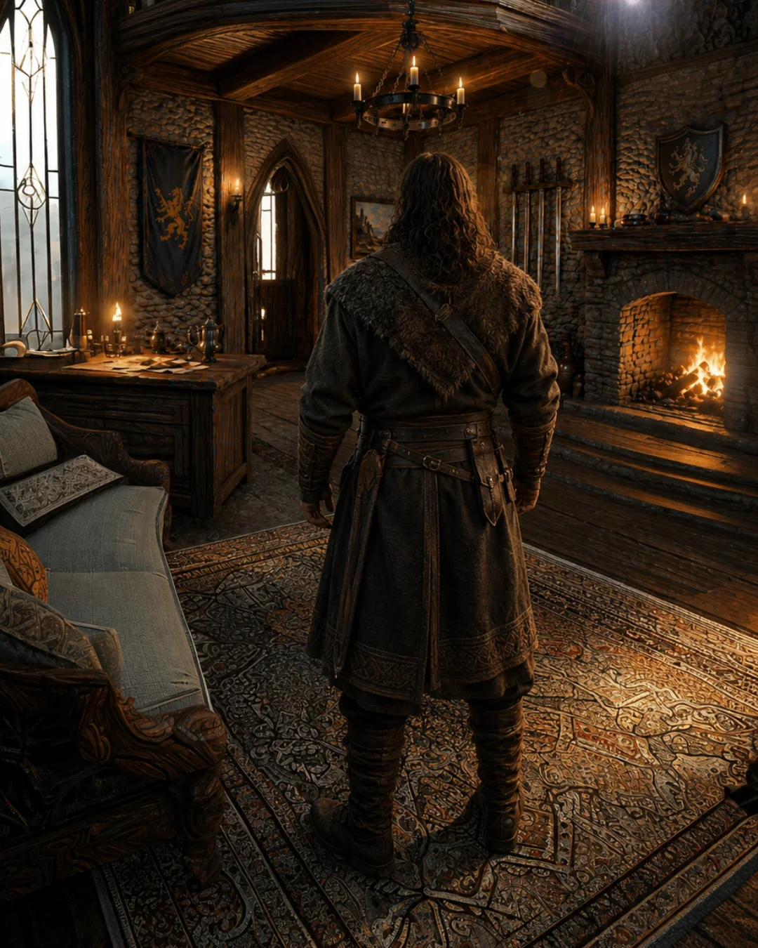 A founding figure before the gates of an ancient city, red spear in hand