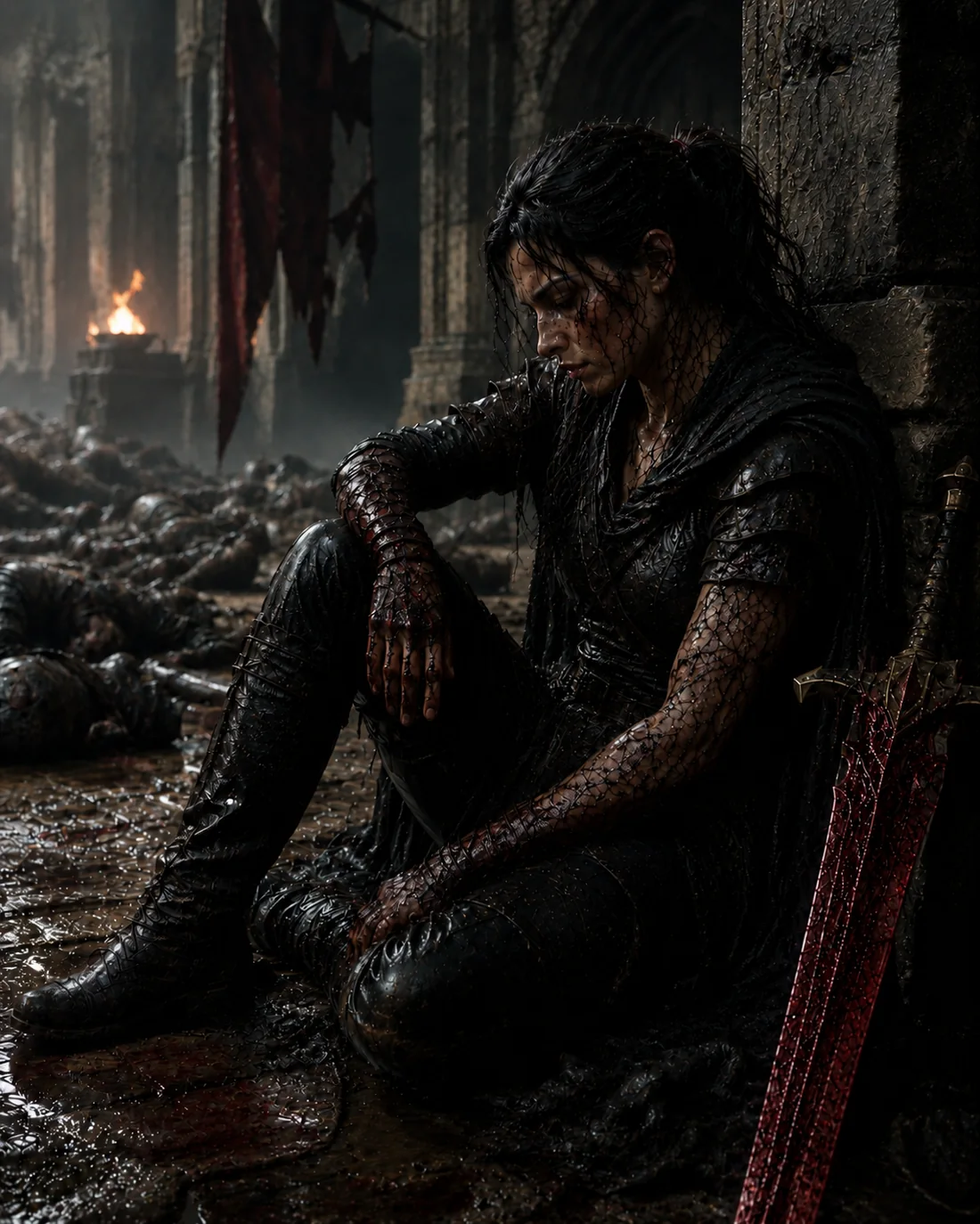 A warrior exhausted after battle, with a Blodium weapon nearby