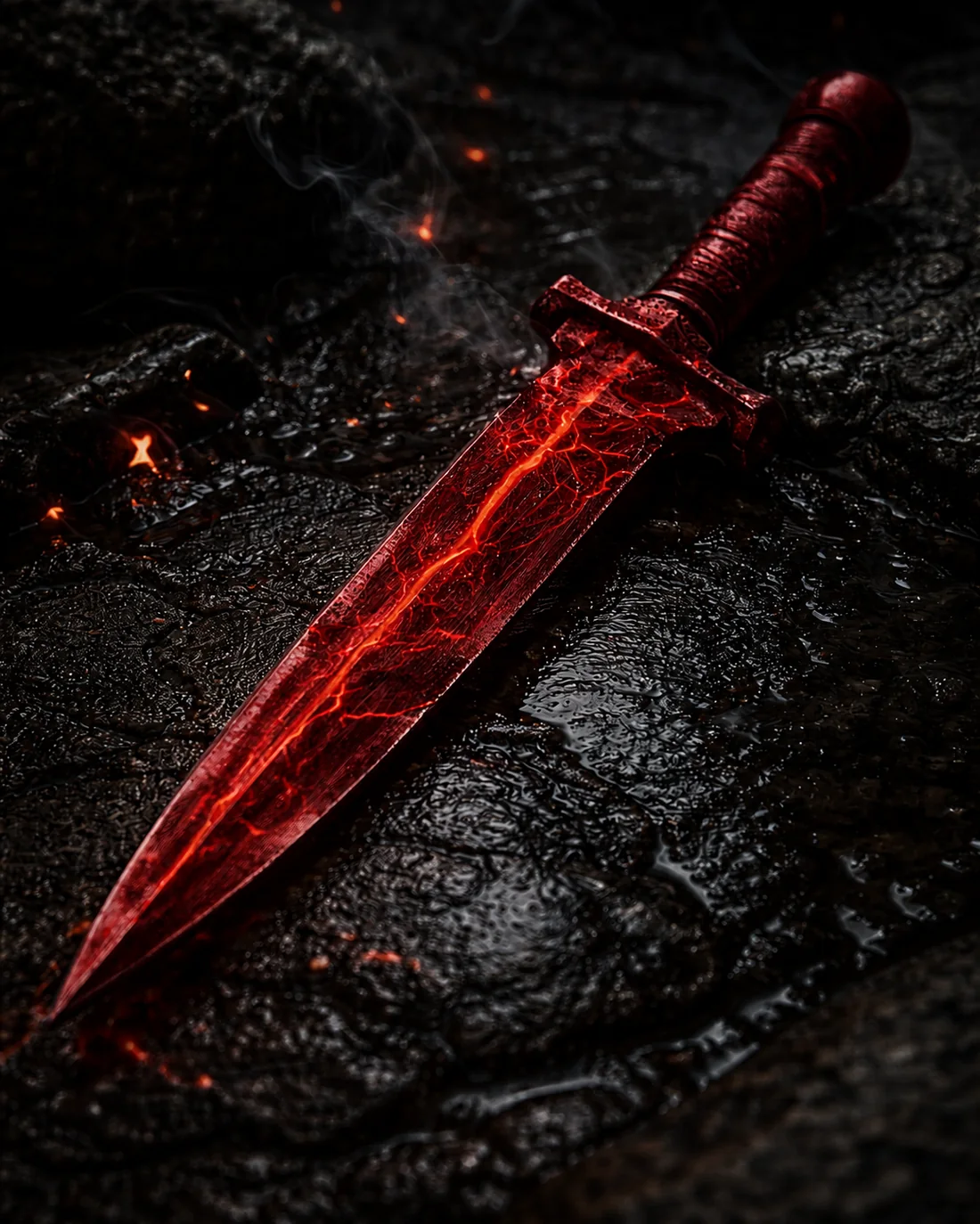 A dark red Blodium dagger lying on damp earth