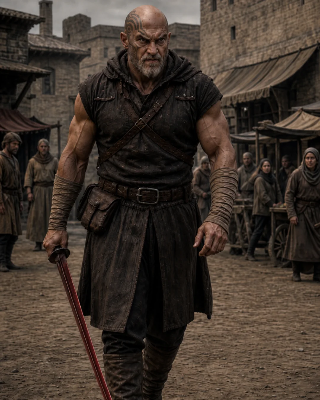 A warrior from the Jorwelian Lands holding a red weapon in a hostile city