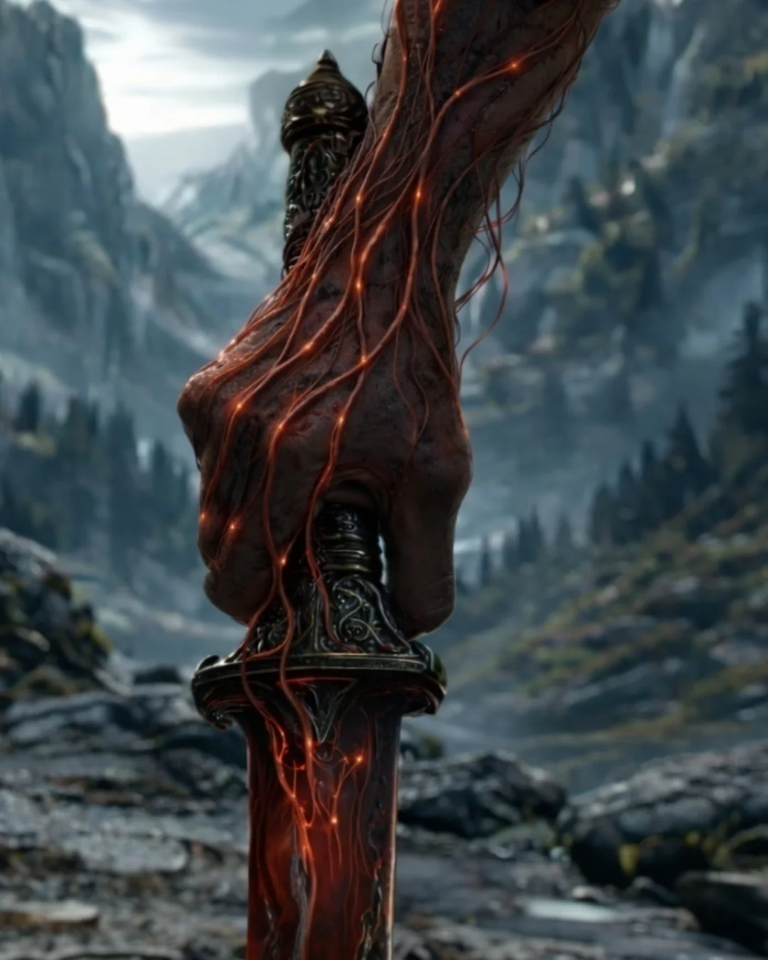 A hand bound to a weapon by red Blodium filaments