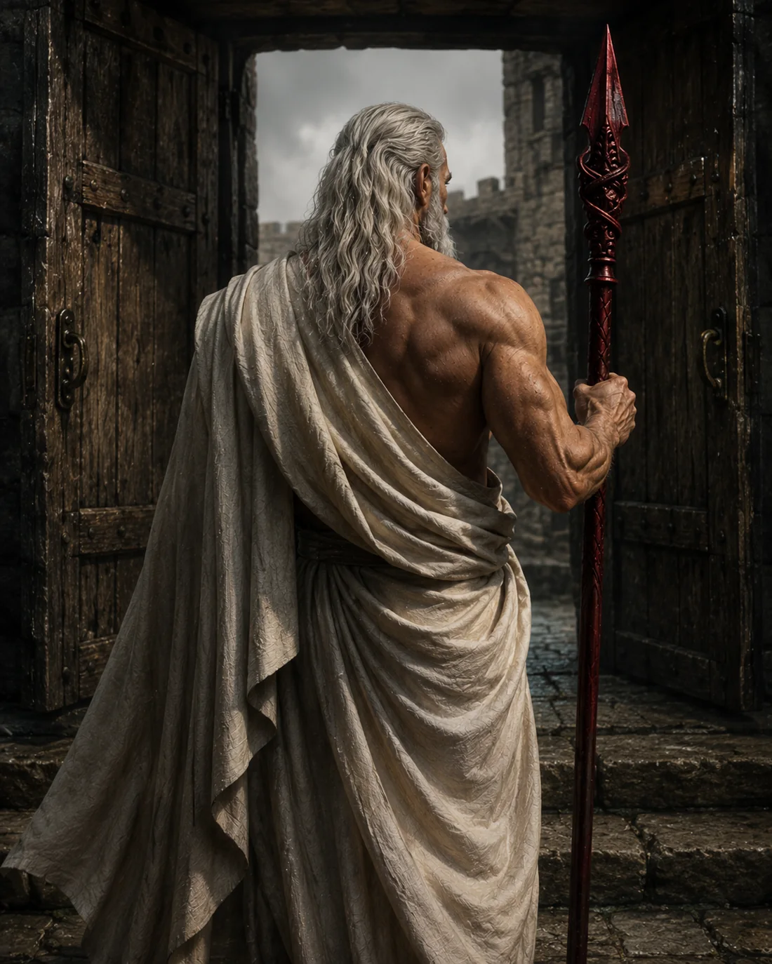 Jorwel seen from behind, holding a red weapon before a fortress